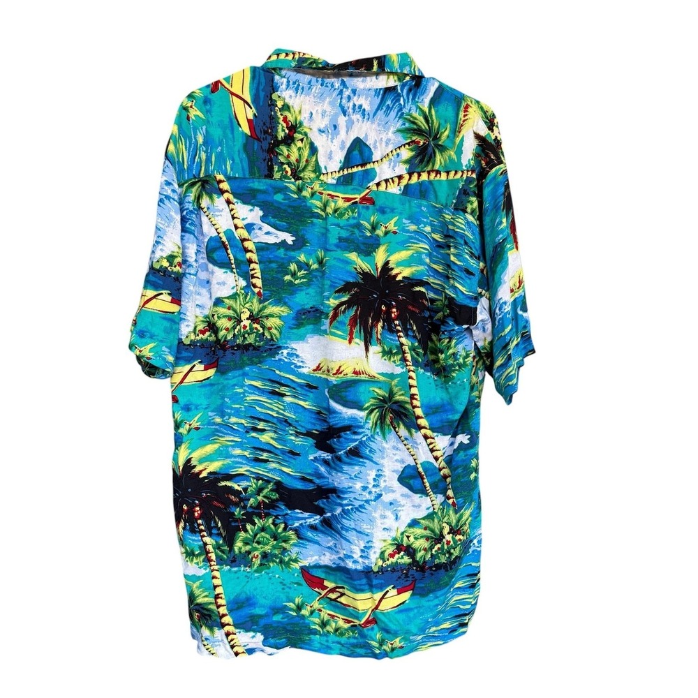 Utility Shirt Mens Medium Blue Hawaiian Tropical Palm Tree Beach Button Up Rayon